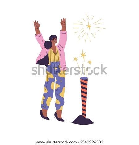 Young Woman Character Setting Off Firework Vector Illustration