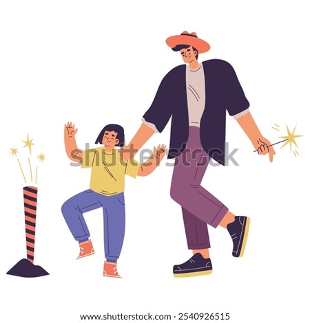 Young Man Character with Kid Setting Off Firework Vector Illustration