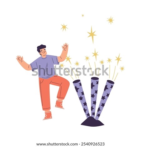 Young Boy Character Setting Off Firework Vector Illustration