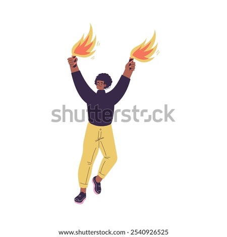 Young Man Character Setting Off Firework Vector Illustration