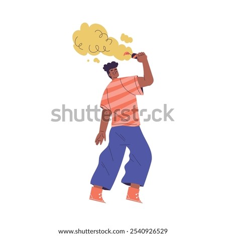 Young Man Character Setting Off Firework Vector Illustration