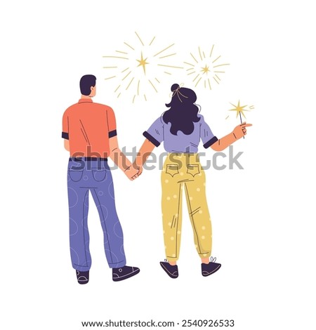 Young Man and Woman Character Setting Off Firework Vector Illustration