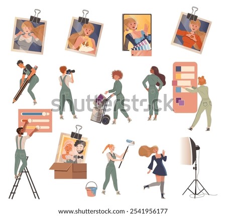 People Retouch Photo and Doing Photography Adjustments Vector Set