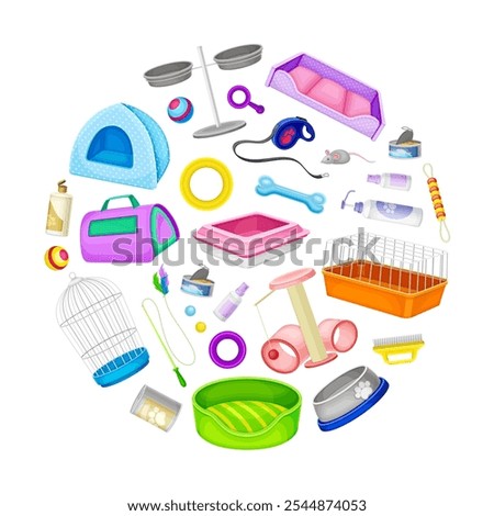 Pet Shop Different Item and Accessory Round Composition Vector Template