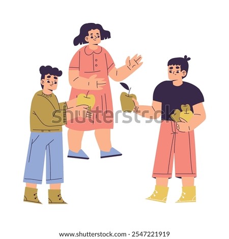 Polite Boy Character Share Apples with Friend Having Good Manners Vector Illustration