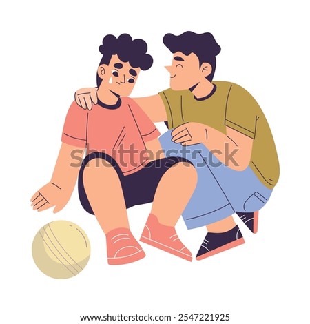 Polite Boy Character Support Crying Friend Having Good Manners Vector Illustration