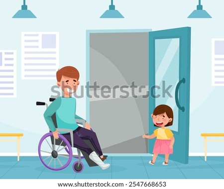 Polite Girl Character Open Door to Disabled Man Having Good Manners Vector Illustration