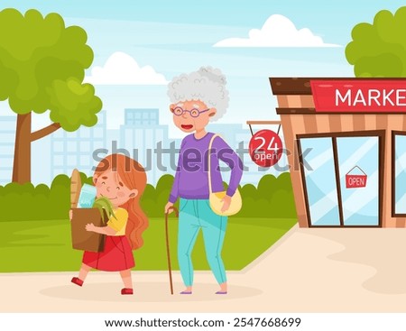 Polite Girl Character Carry Shopping Bag Help Senior Woman Having Good Manners Vector Illustration