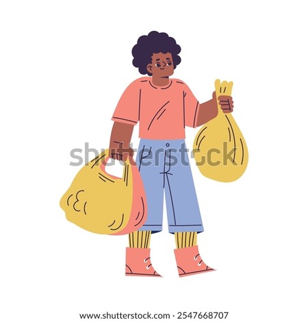 Polite Boy Character Carry Shopping Bag Help Mom Having Good Manners Vector Illustration