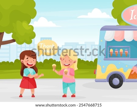 Polite Girl Character Share Ice Cream with Friend Having Good Manners Vector Illustration