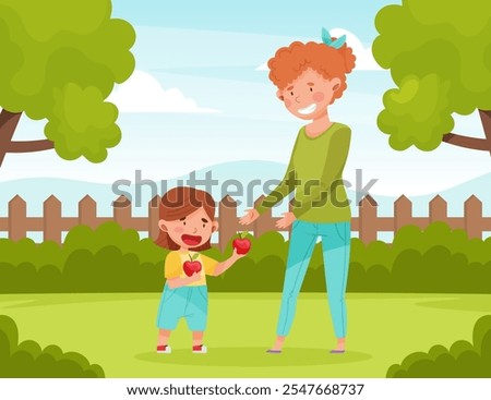 Polite Girl Character Share Apple with Mom Having Good Manners Vector Illustration