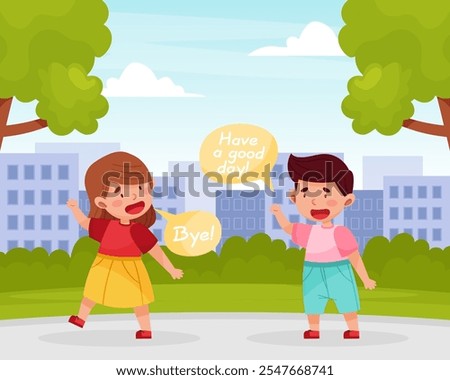 Polite Boy Character Greeting with Girl Friend Having Good Manners Vector Illustration