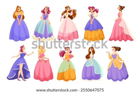 Girl Princess in Pretty Dress and Attire Standing and Smiling Vector Set