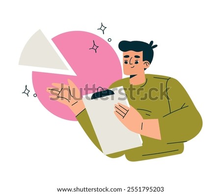 Productive Workflow with Man with Clipboard and Pie Chart Managing Task Vector Illustration