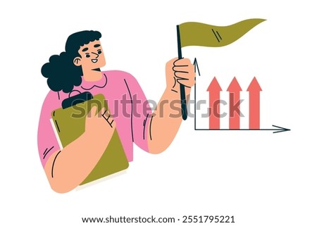 Productive Workflow with Woman with Flag and Clipboard Managing Task Vector Illustration