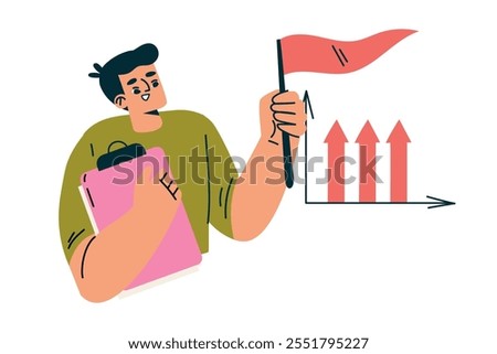 Productive Workflow with Man with Flag and Clipboard Managing Task Vector Illustration