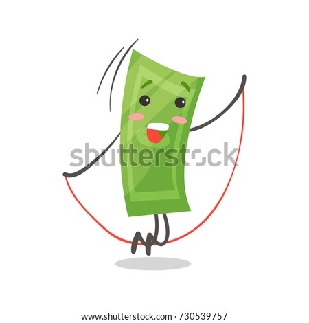 Cute smiling paper money humanized character jumping rope, money and finance concept cartoon vector Illustration