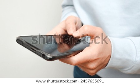 Similar – Image, Stock Photo Anonymous woman using gadgets during camping