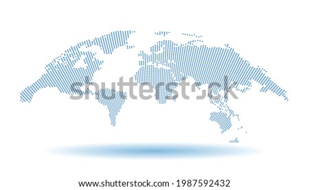World map dots half cycle vector with blue square isolated on white background .