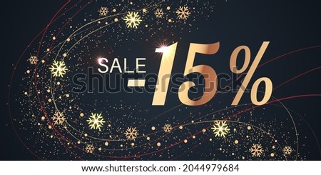 15 Percent Sale Background with golden shiny numbers and snowflakes on black. New Year, Christmas and Black Friday holiday discount design template. Seasonal promotion poster