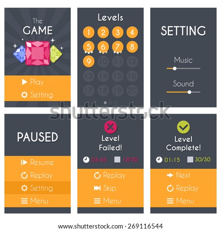 Flat Mobile Game Screens Set. Vector design