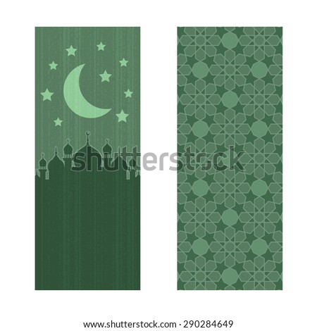 Greeting cards or banners with mosques, stars, moon. Decorated with arabic pattern. For holy month of muslim community Ramadan Kareem celebration