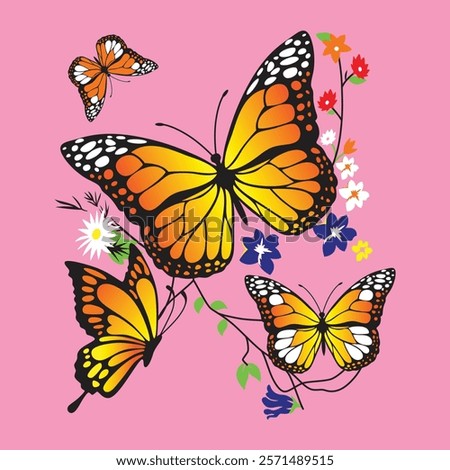 This cheerful stock photo features multiple monarch butterflies in vibrant orange and yellow, accented with white polka dots and black outlines, fluttering amongst a variety of colorful flowers