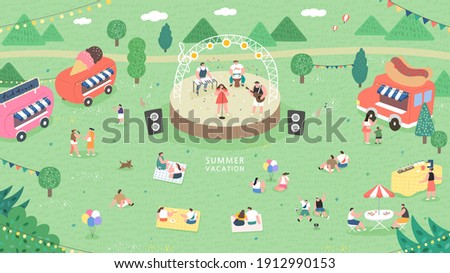 outdoor music festival concept illustration. People have picnic in park. People sits on green grass, eats on picnic, spend summer weekend outdoors.
