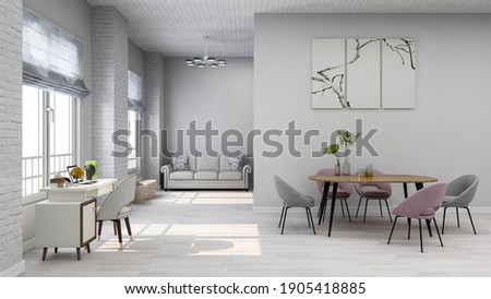Minimalist white room living room home office backdrop, photorealistic 3D illustration, suitable for video conference and as Zoom virtual background.	