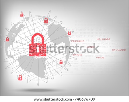 Cyber Security Concept : Closed padlock protect world global network on binary code white background.