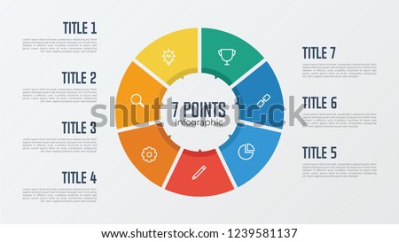 7 points, options, parts, processes, work flowsteps, steps infographic element circle shaped vector. business presentation template.