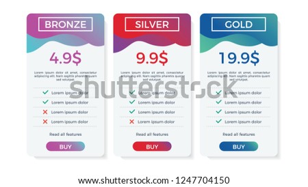 pricing table, list, plan or comparison template vector with buy button. business presentation, infographic, website element, hosting plan bronze, silver, gold.