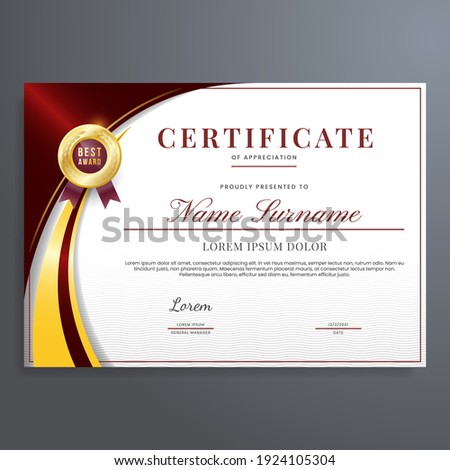 Multipurpose certificate of appreciation template with red and gold color, modern luxury border certificate design with gold badge.