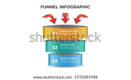 3 points of funnel diagram with arrows, stages and steps infographic template element vector.