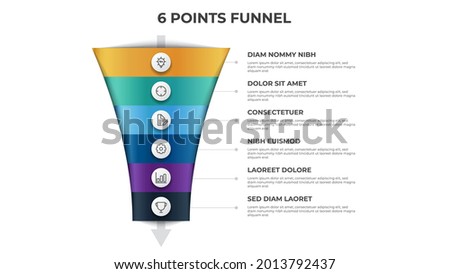 funnel arrow diagram with 6 points, options, list, infographic element template vector, can be used for sales, marketing, process flow