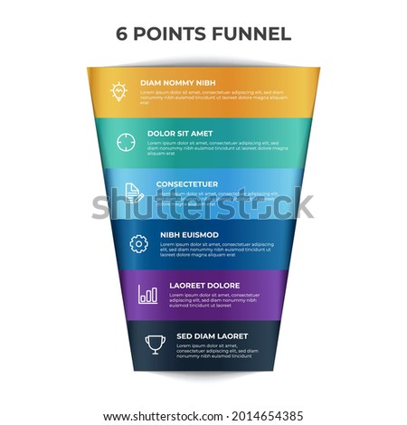 funnel chart infographic element vector with 6 points, options, list, can be used for digital marketing, sales, process flow