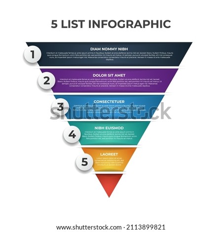 upside down pyramid infographic element with 5 list, options, levels, layout template for presentation, social media post, brochure, flyer, etc.