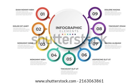 circular layout diagram with 9 list of steps, circular layout diagram infographic element template