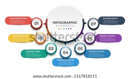 7 list of steps, layout diagram with number of sequence, circular infographic element template
