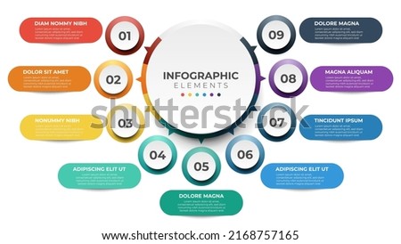 9 list of steps, layout diagram with number of sequence, circular infographic element template