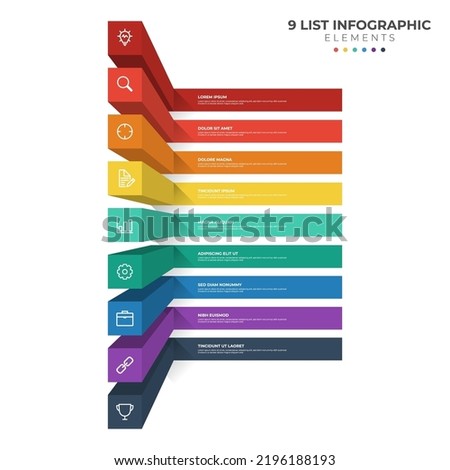 9 points of steps diagram, 3D list layout, infographic element template vector with icons