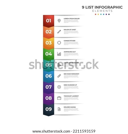 List Diagram with 9 points of steps, colorful business infographic element template vector.
