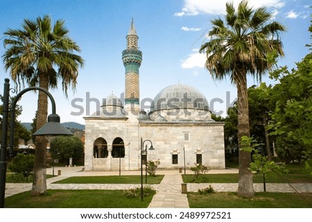 Image, Stock Photo mosque and green palm trees against a clear blue sky in Egypt