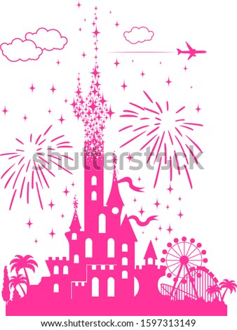 Fairytail pink castle with a landscape of attractions, fireworks and airliner. Tourist tour for children in an amusement park. Illustration, vector