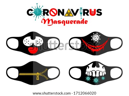 Face mask design. Print design concept on reusable face protection masks. Entertainment during coronavirus quarantine. Funny cartoon faces - smile, skull, zipper. Illustration, vector