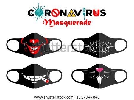 Print design concept on reusable face protection masks. Entertainment during coronavirus quarantine. Funny cartoon faces - sewn mouth, fanged mouth, cigar in the mouth, mask of rabbit. Vector