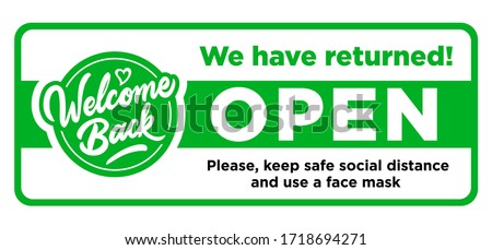 Fun sign on the front door - welcome back! We are open after quarantine due to COVID-19 (coronavirus). Keep social distance. Vector