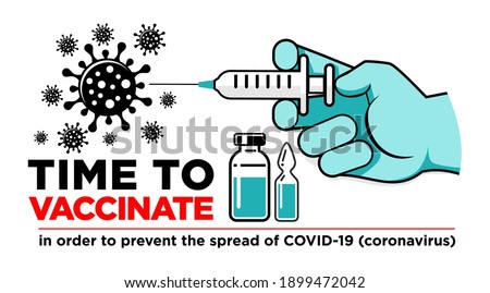 Hand of doctor or nurse in medical glove makes vaccine against coronavirus. Bottle and vial containing drug for COVID-19. Time to vaccinate poster or website landing page, vector