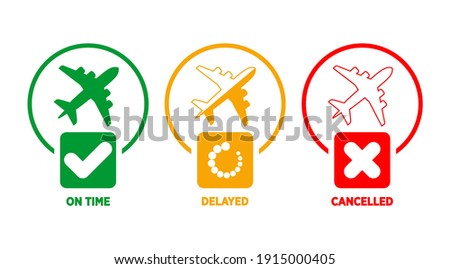 Information about the status of the flight at the airport. The plane from the point of departure arrives on time, is delayed, canceled. Vector on transparent background