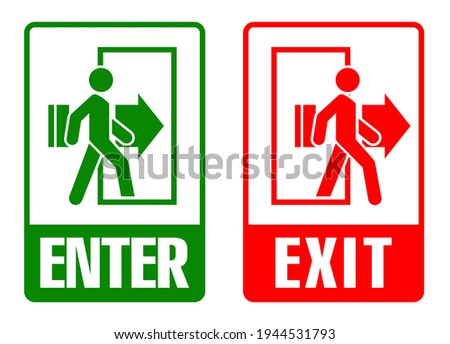 Entry and exit signs with a man silhouette. Vector pictograms